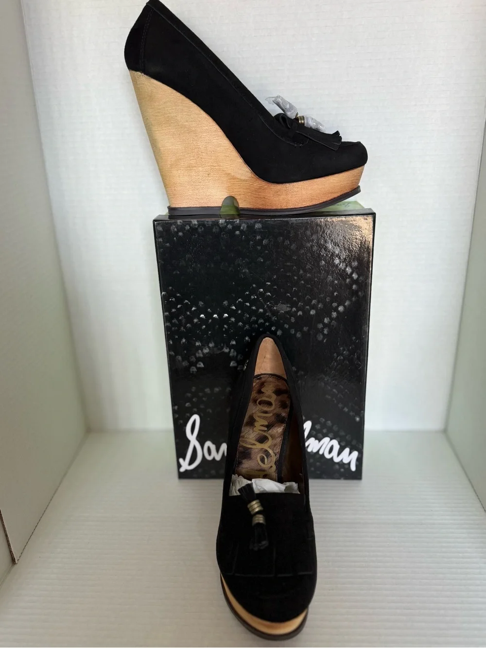 Sam Edelman Black Suede Wedge Loafers with Tassel